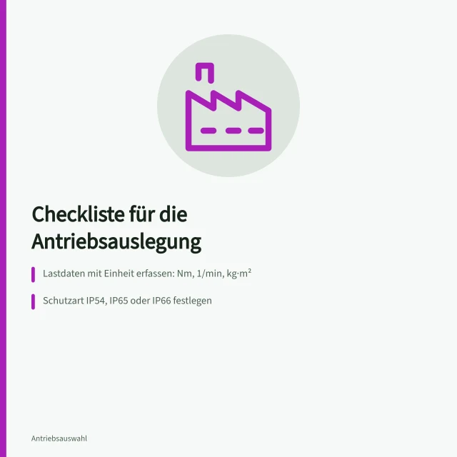 Checkliste zur Antriebsauslegung mit Lastdaten, Schutzart und Normen. Checkliste zur Antriebsauslegung für Maschinen und Anlagen